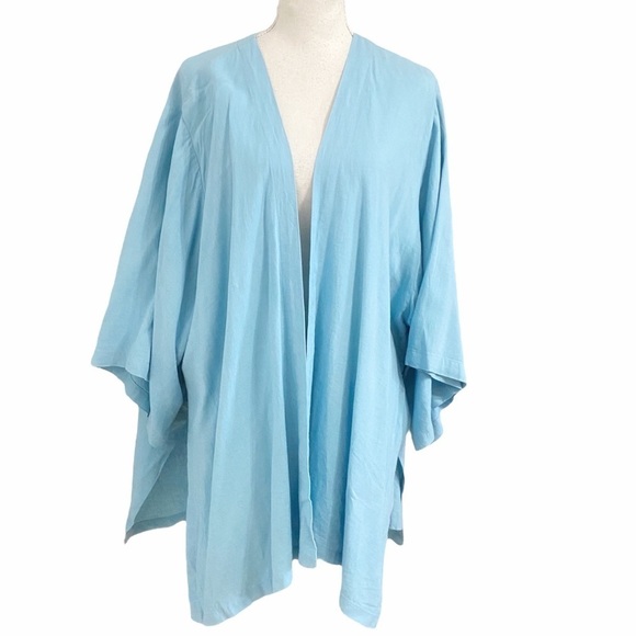 KALIYANA BABY LINEN BLUE OVERSIZED COLLARLESS OPEN FLOWY ARTSY CARDIGAN - M / L - Picture 1 of 6
